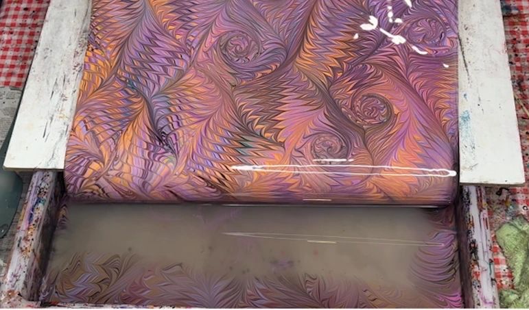 A freshly marbled sheet lifting off the water bath, purple and orange feathers still wet.